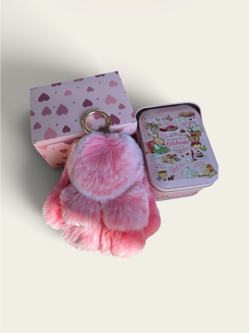 Bunny LuLu Plush Pink Bunny Keychain Accessory Fuzzy Bag Charm with tin